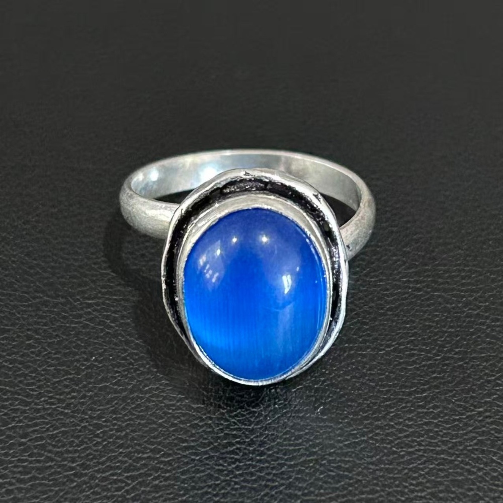 Vintage Signed 925 Sterling Silver Blue Cat’s Eye Adjustable Ring - Size 7